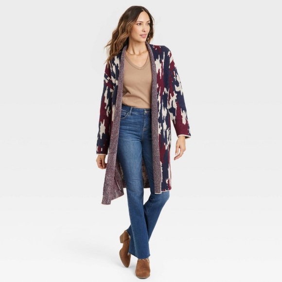 🆕 Knox Rose Women’s Open Front Cardigan Navy Blue and Burgundy Small 4/6 - Picture 1 of 10